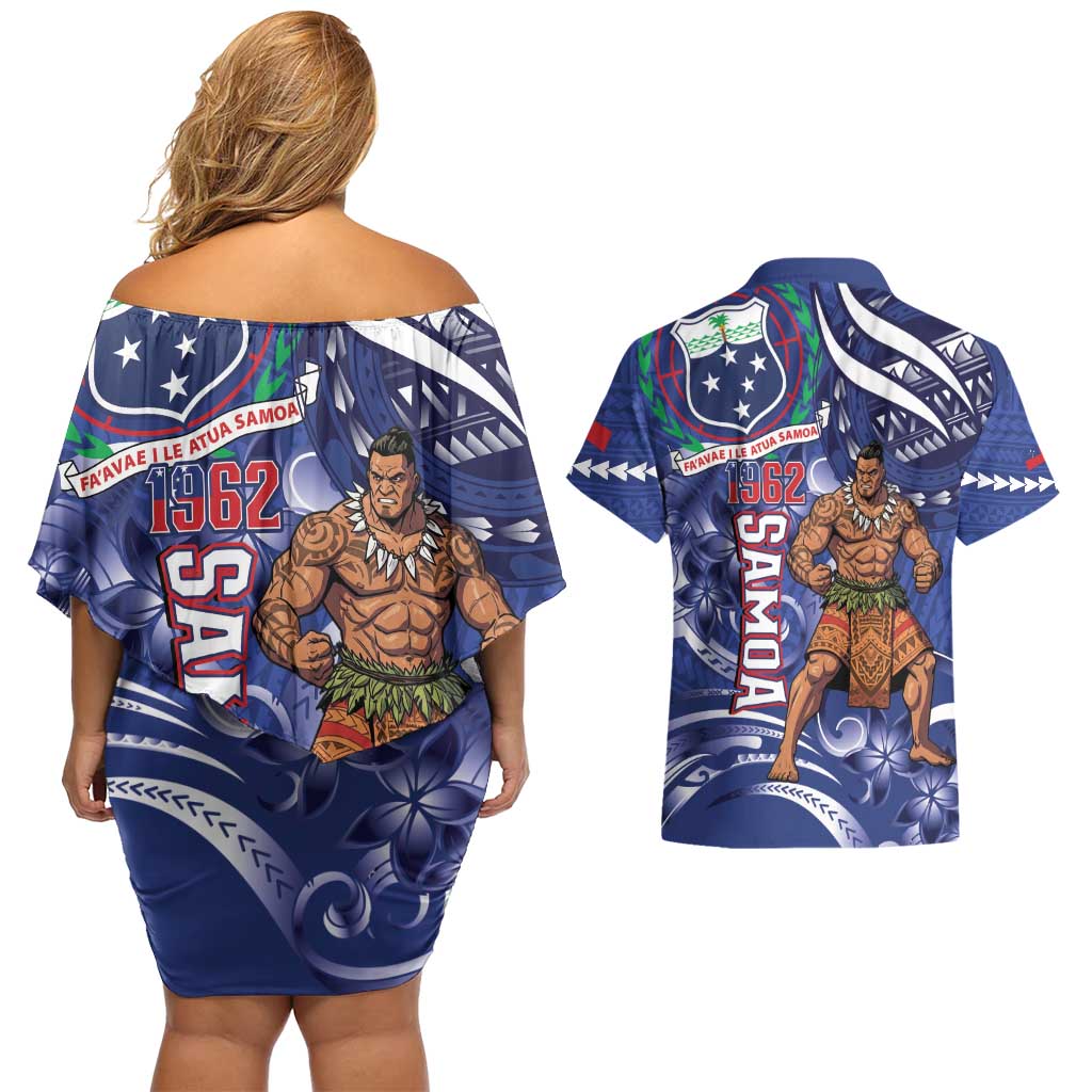 Samoa Independence Day Couples Matching Off Shoulder Short Dress and Hawaiian Shirt 1962 Proud Samoan Warrior