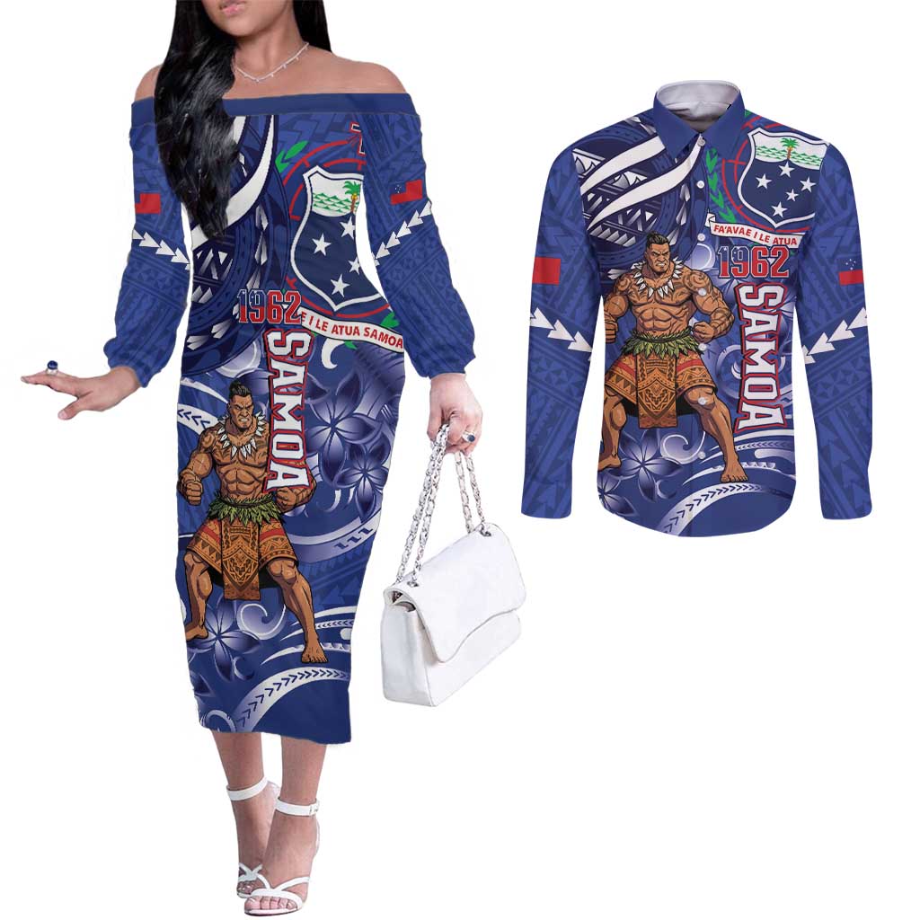Samoa Independence Day Couples Matching Off The Shoulder Long Sleeve Dress and Long Sleeve Button Shirt 1962 Proud Samoan Warrior