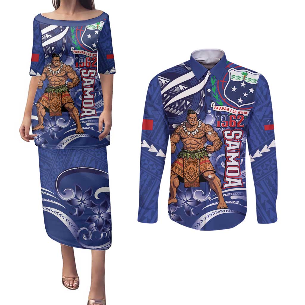 Samoa Independence Day Couples Matching Puletasi and Long Sleeve Button Shirt 1962 Proud Samoan Warrior