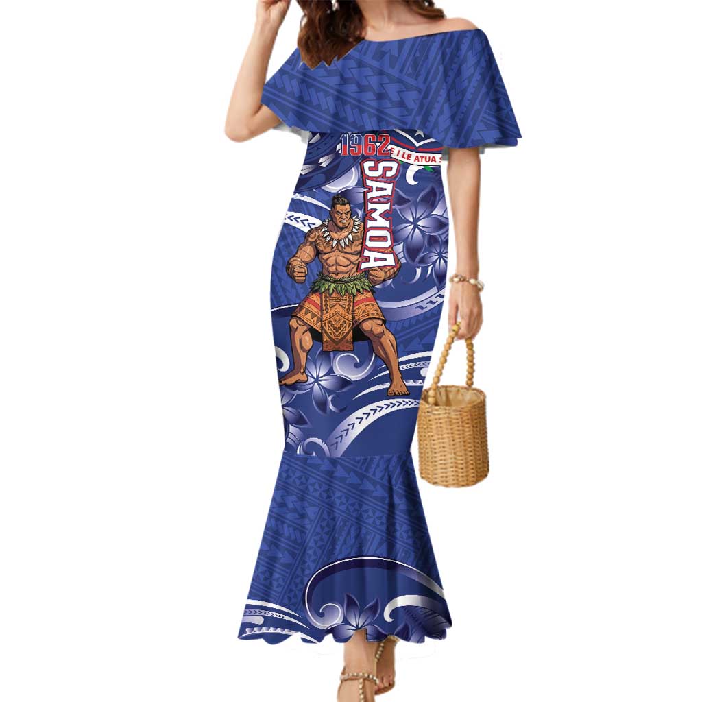 Samoa Independence Day Family Matching Mermaid Dress and Hawaiian Shirt 1962 Proud Samoan Warrior LT14 Mom's Dress Blue - Polynesian Pride