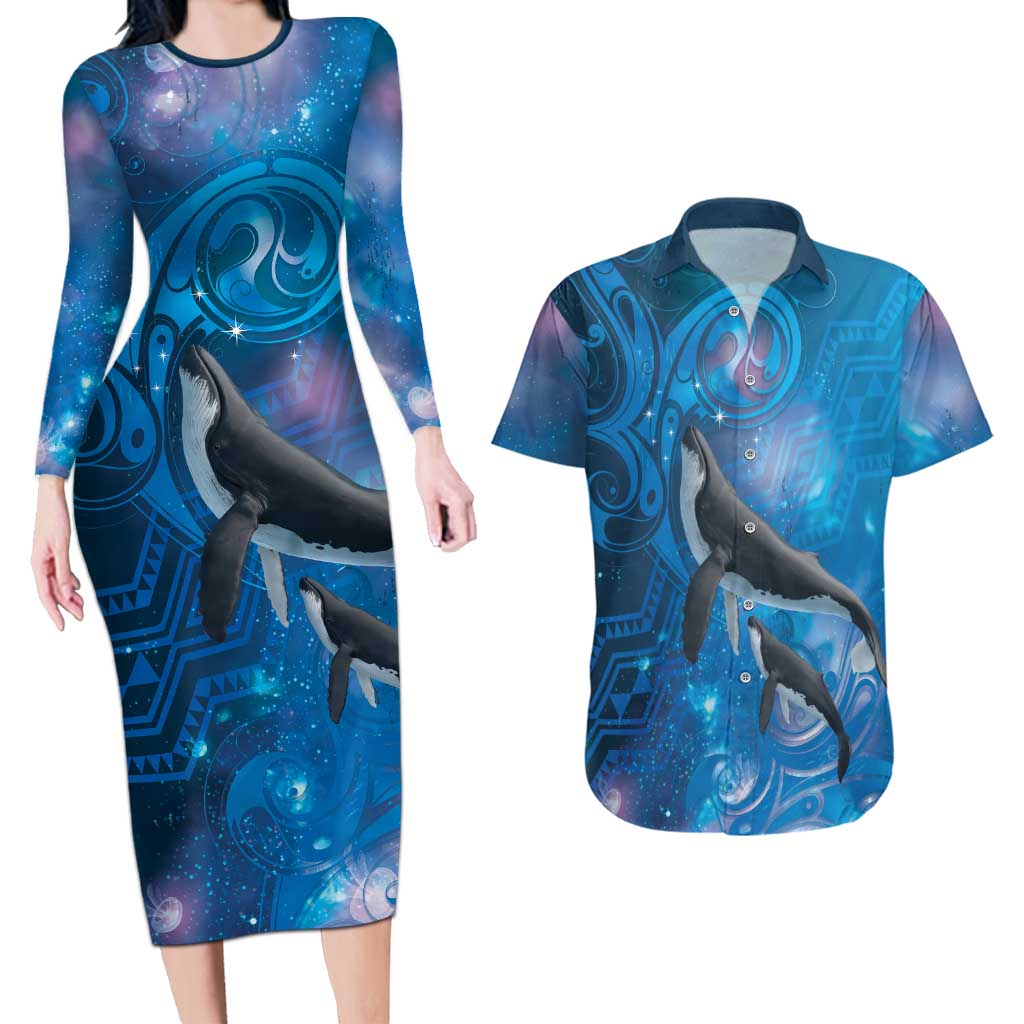 Paikea New Zealand Matariki Couples Matching Long Sleeve Bodycon Dress and Hawaiian Shirt Humpback Whale Taniko Motifs Ocean Vibes LT14 Blue - Polynesian Pride