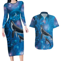 Paikea New Zealand Matariki Couples Matching Long Sleeve Bodycon Dress and Hawaiian Shirt Humpback Whale Taniko Motifs Ocean Vibes LT14 Blue - Polynesian Pride