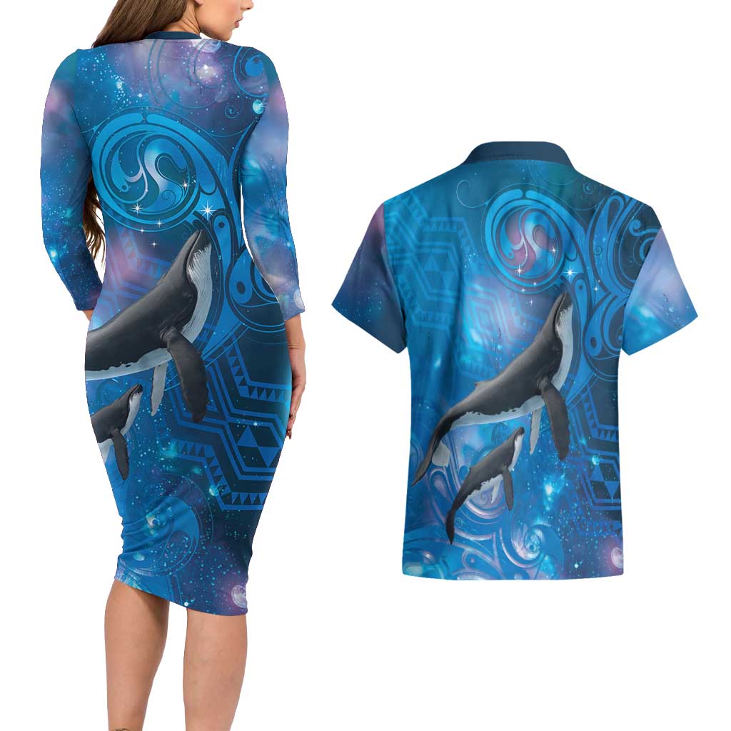 Paikea New Zealand Matariki Couples Matching Long Sleeve Bodycon Dress and Hawaiian Shirt Humpback Whale Taniko Motifs Ocean Vibes LT14 - Polynesian Pride