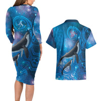 Paikea New Zealand Matariki Couples Matching Long Sleeve Bodycon Dress and Hawaiian Shirt Humpback Whale Taniko Motifs Ocean Vibes LT14 - Polynesian Pride