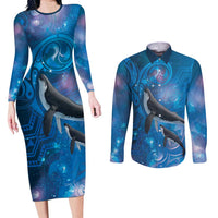 Paikea New Zealand Matariki Couples Matching Long Sleeve Bodycon Dress and Long Sleeve Button Shirt Humpback Whale Taniko Motifs Ocean Vibes
