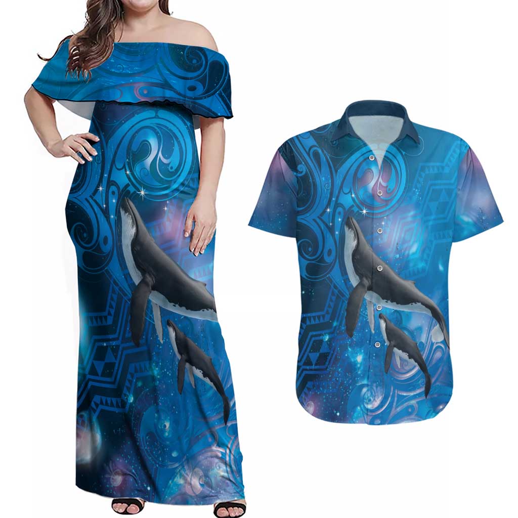Paikea New Zealand Matariki Couples Matching Off Shoulder Maxi Dress and Hawaiian Shirt Humpback Whale Taniko Motifs Ocean Vibes