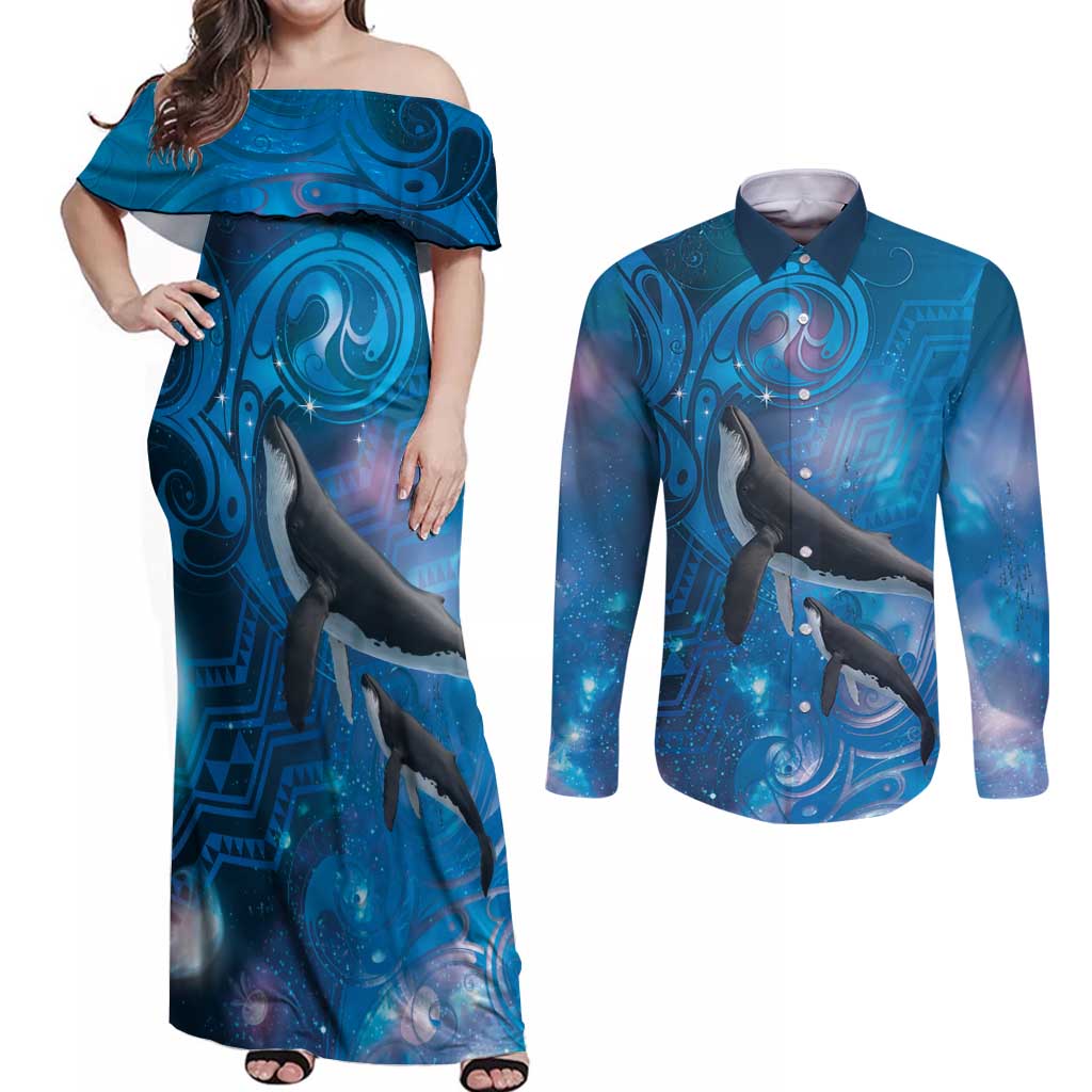 Paikea New Zealand Matariki Couples Matching Off Shoulder Maxi Dress and Long Sleeve Button Shirt Humpback Whale Taniko Motifs Ocean Vibes