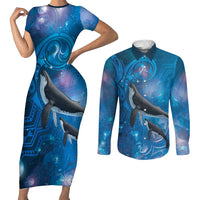 Paikea New Zealand Matariki Couples Matching Short Sleeve Bodycon Dress and Long Sleeve Button Shirt Humpback Whale Taniko Motifs Ocean Vibes