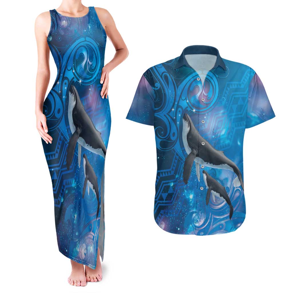 Paikea New Zealand Matariki Couples Matching Tank Maxi Dress and Hawaiian Shirt Humpback Whale Taniko Motifs Ocean Vibes