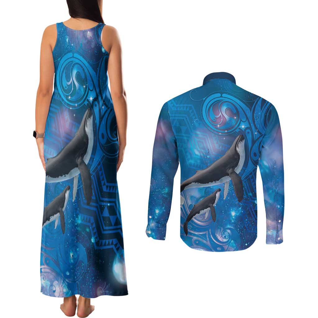 Paikea New Zealand Matariki Couples Matching Tank Maxi Dress and Long Sleeve Button Shirt Humpback Whale Taniko Motifs Ocean Vibes