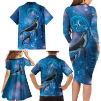 Paikea New Zealand Matariki Family Matching Long Sleeve Bodycon Dress and Hawaiian Shirt Humpback Whale Taniko Motifs Ocean Vibes