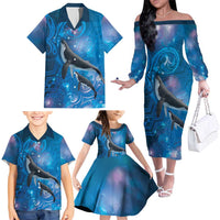 Paikea New Zealand Matariki Family Matching Off The Shoulder Long Sleeve Dress and Hawaiian Shirt Humpback Whale Taniko Motifs Ocean Vibes