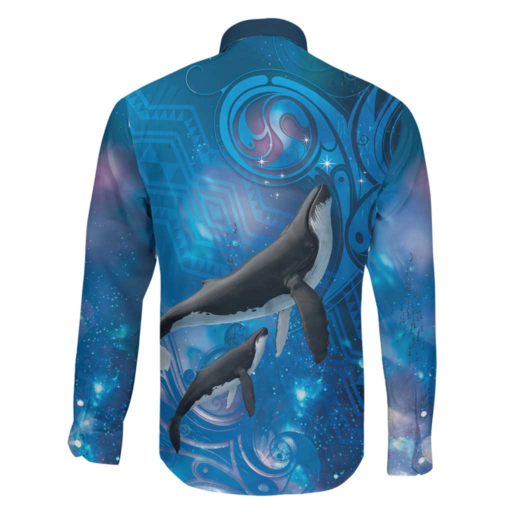 Paikea New Zealand Matariki Family Matching Off The Shoulder Long Sleeve Dress and Hawaiian Shirt Humpback Whale Taniko Motifs Ocean Vibes