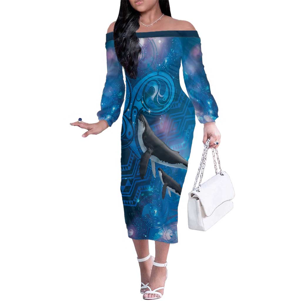 Paikea New Zealand Matariki Family Matching Off The Shoulder Long Sleeve Dress and Hawaiian Shirt Humpback Whale Taniko Motifs Ocean Vibes