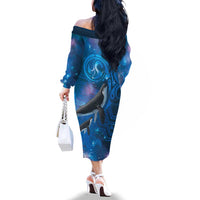 Paikea New Zealand Matariki Family Matching Off The Shoulder Long Sleeve Dress and Hawaiian Shirt Humpback Whale Taniko Motifs Ocean Vibes