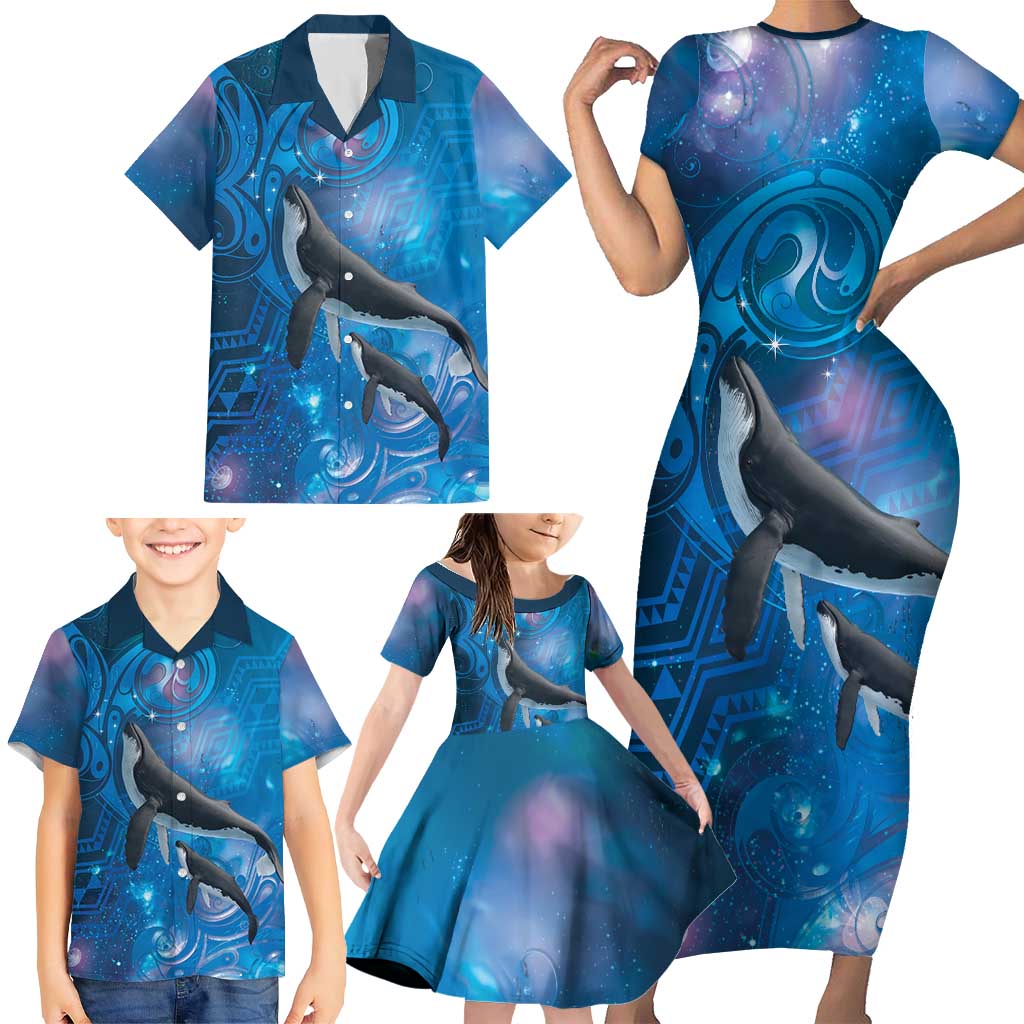 Paikea New Zealand Matariki Family Matching Short Sleeve Bodycon Dress and Hawaiian Shirt Humpback Whale Taniko Motifs Ocean Vibes