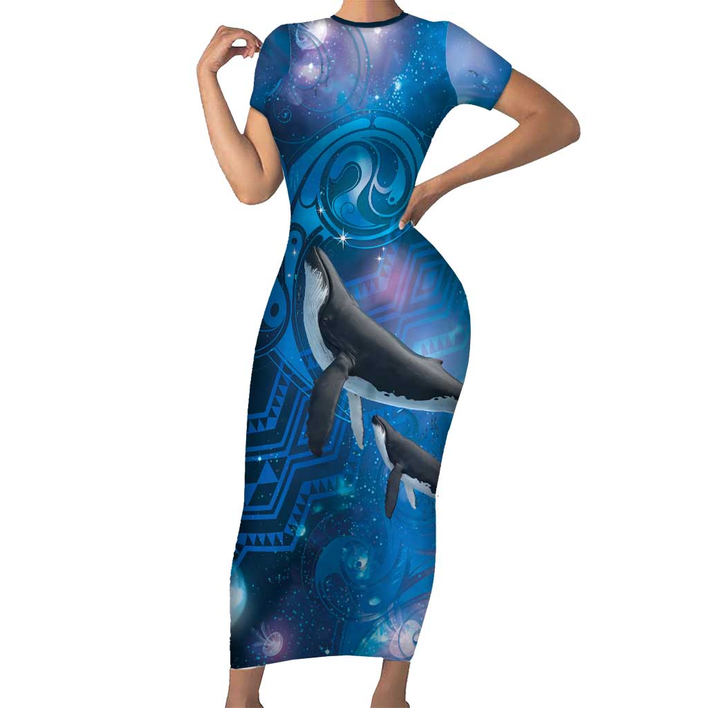Paikea New Zealand Matariki Family Matching Short Sleeve Bodycon Dress and Hawaiian Shirt Humpback Whale Taniko Motifs Ocean Vibes