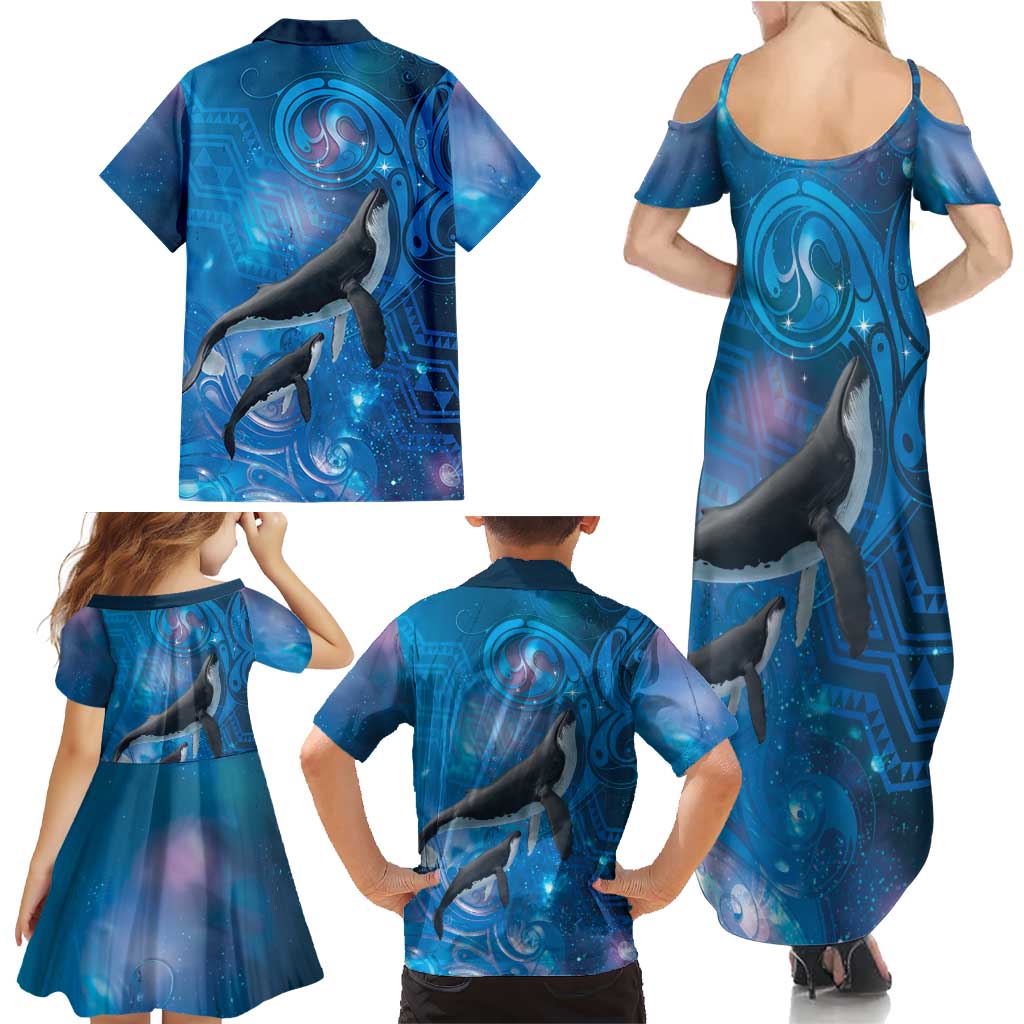 Paikea New Zealand Matariki Family Matching Summer Maxi Dress and Hawaiian Shirt Humpback Whale Taniko Motifs Ocean Vibes