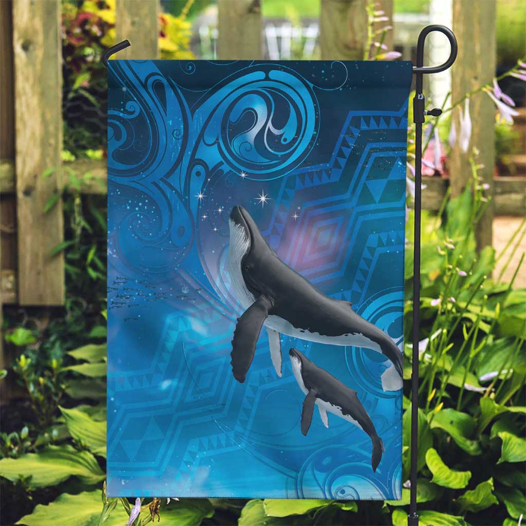 Paikea New Zealand Matariki Garden Flag Humpback Whale Taniko Motifs Ocean Vibes LT14 Garden Flag Blue - Polynesian Pride