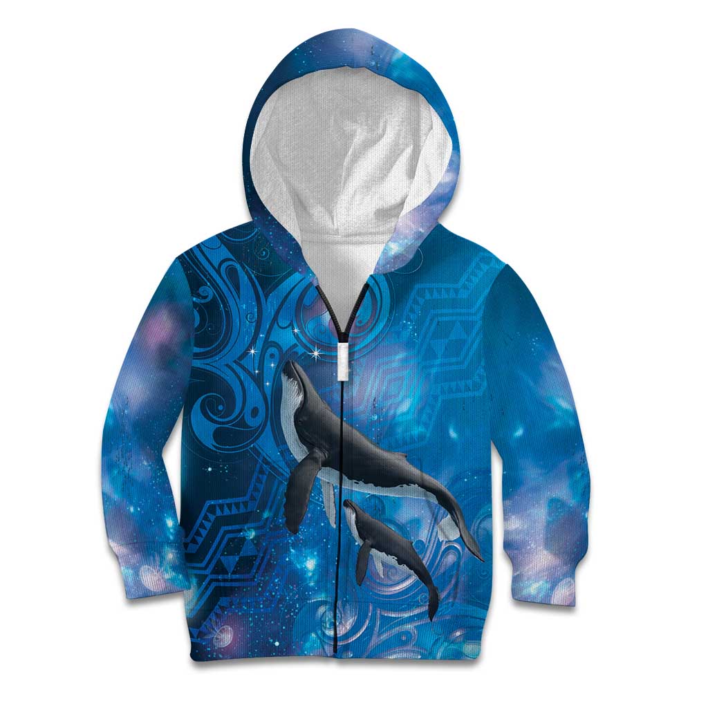 Paikea New Zealand Matariki Kid Hoodie Humpback Whale Taniko Motifs Ocean Vibes LT14 Zip Hoodie Blue - Polynesian Pride