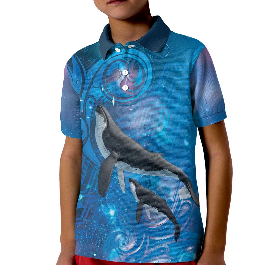 Paikea New Zealand Matariki Kid Polo Shirt Humpback Whale Taniko Motifs Ocean Vibes