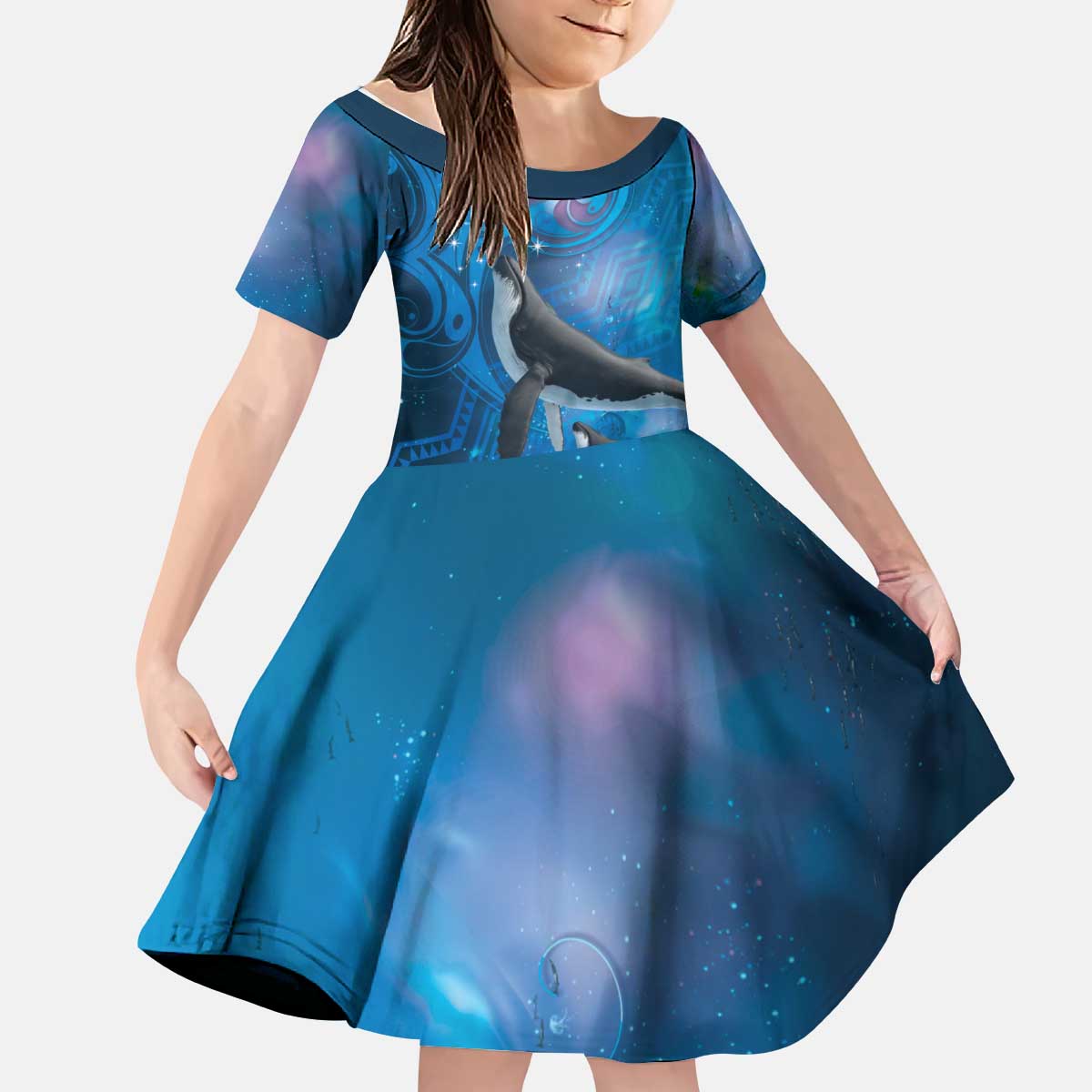 Paikea New Zealand Matariki Kid Short Sleeve Dress Humpback Whale Taniko Motifs Ocean Vibes LT14 KID Blue - Polynesian Pride