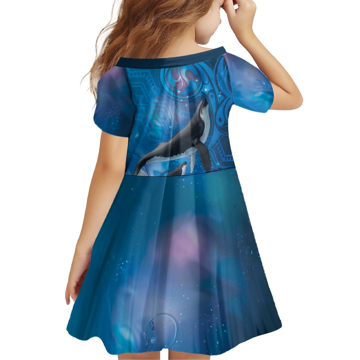Paikea New Zealand Matariki Kid Short Sleeve Dress Humpback Whale Taniko Motifs Ocean Vibes LT14 - Polynesian Pride