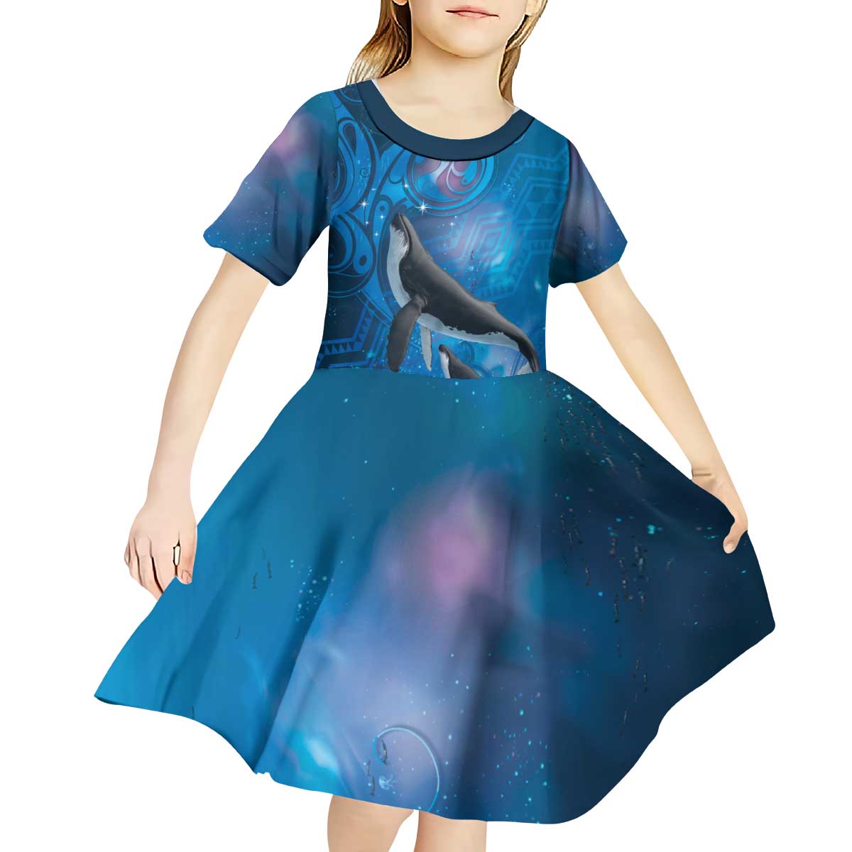 Paikea New Zealand Matariki Kid Short Sleeve Dress Humpback Whale Taniko Motifs Ocean Vibes LT14 - Polynesian Pride