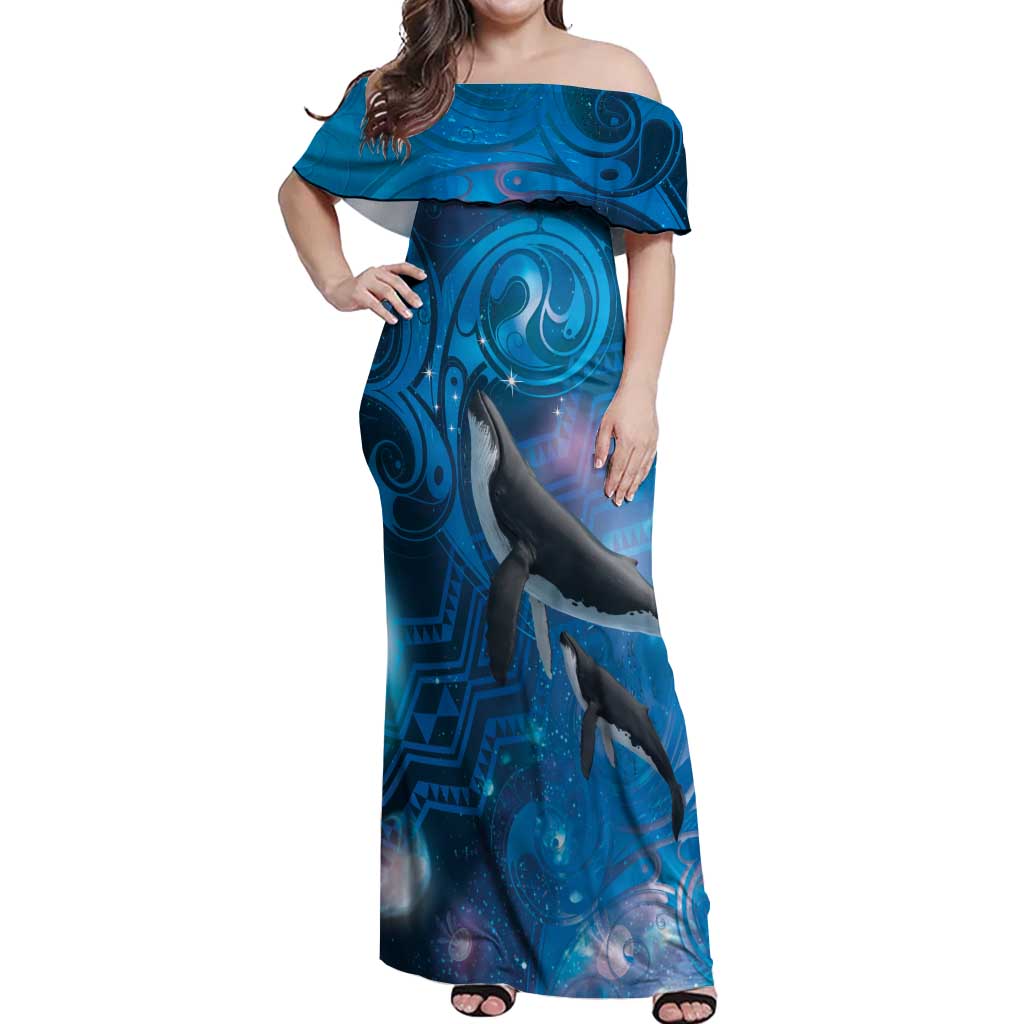 Paikea New Zealand Matariki Off Shoulder Maxi Dress Humpback Whale Taniko Motifs Ocean Vibes
