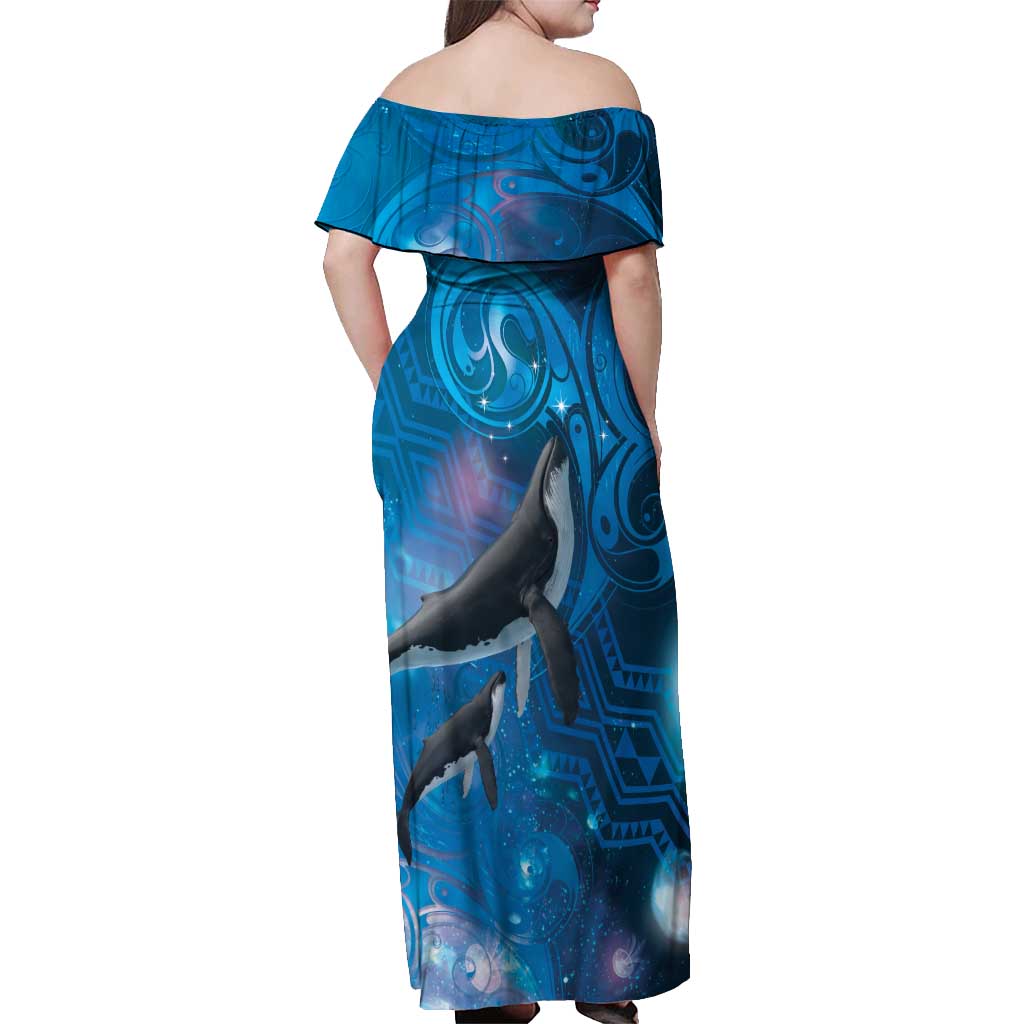 Paikea New Zealand Matariki Off Shoulder Maxi Dress Humpback Whale Taniko Motifs Ocean Vibes