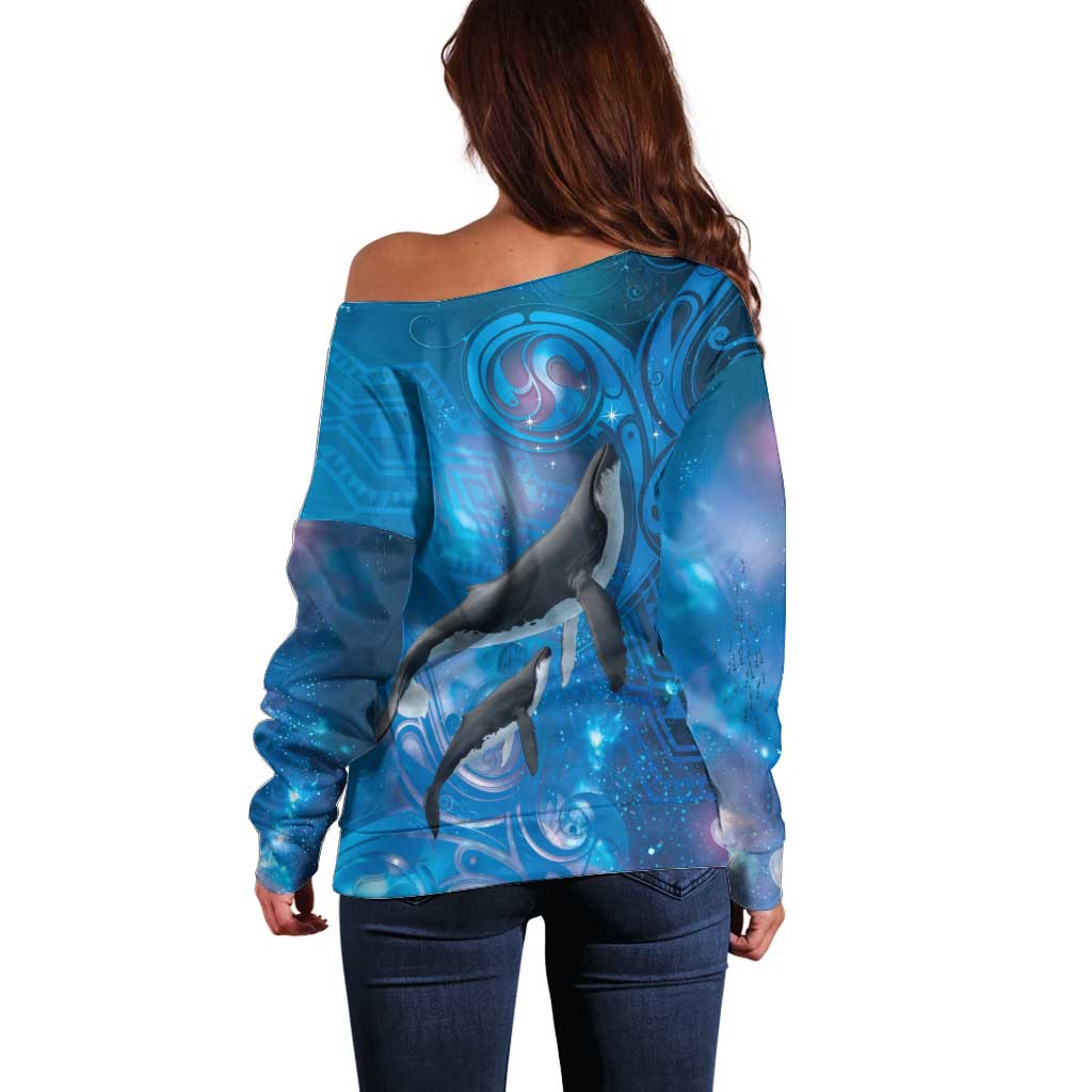 Paikea New Zealand Matariki Off Shoulder Sweater Humpback Whale Taniko Motifs Ocean Vibes