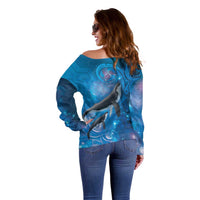 Paikea New Zealand Matariki Off Shoulder Sweater Humpback Whale Taniko Motifs Ocean Vibes