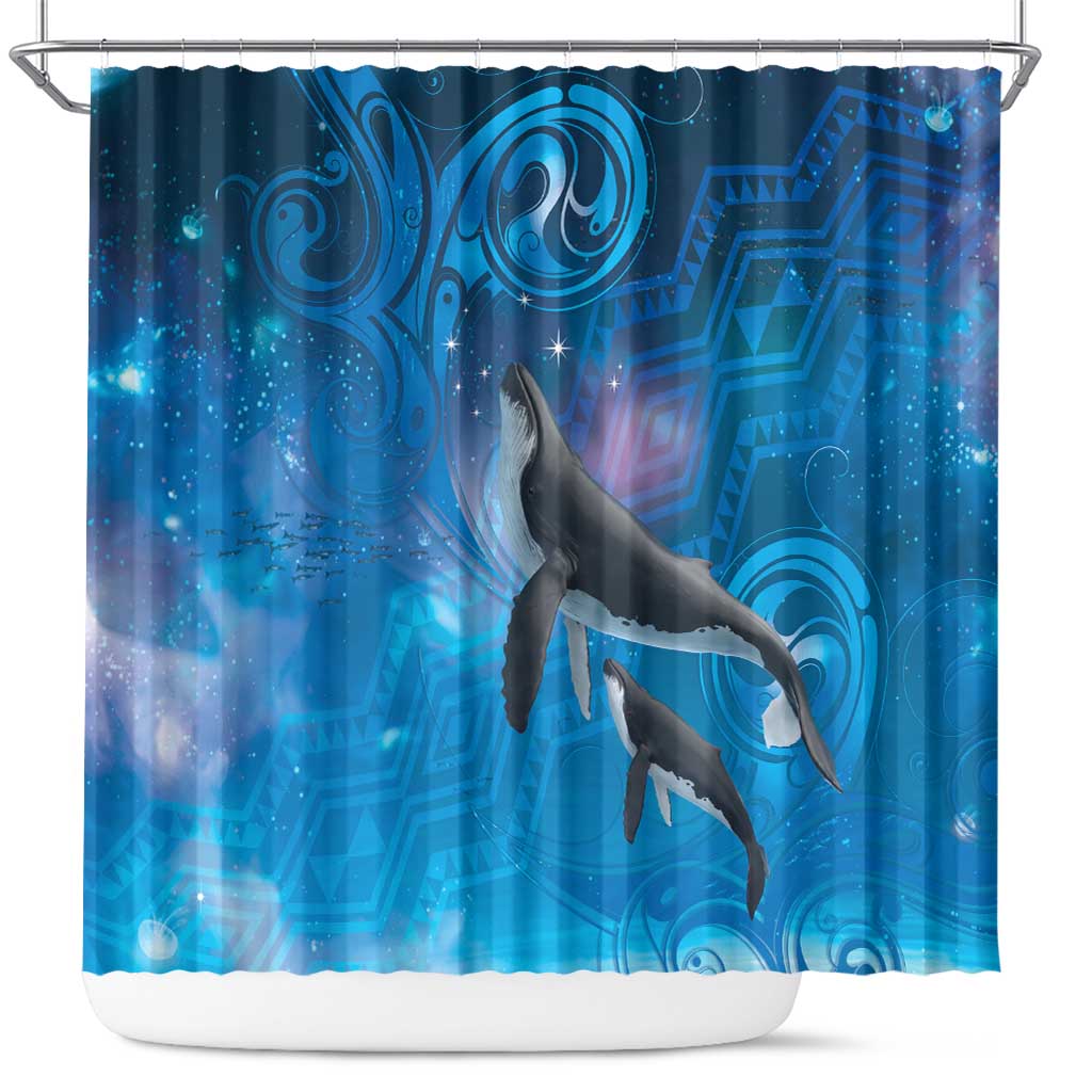 Paikea New Zealand Matariki Shower Curtain Humpback Whale Taniko Motifs Ocean Vibes LT14 Blue - Polynesian Pride