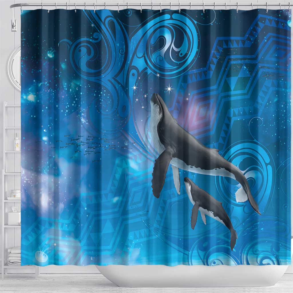 Paikea New Zealand Matariki Shower Curtain Humpback Whale Taniko Motifs Ocean Vibes LT14 - Polynesian Pride