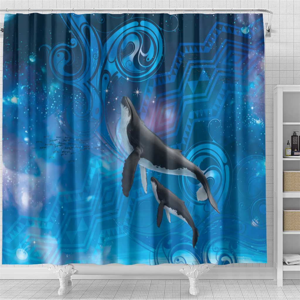 Paikea New Zealand Matariki Shower Curtain Humpback Whale Taniko Motifs Ocean Vibes LT14 - Polynesian Pride