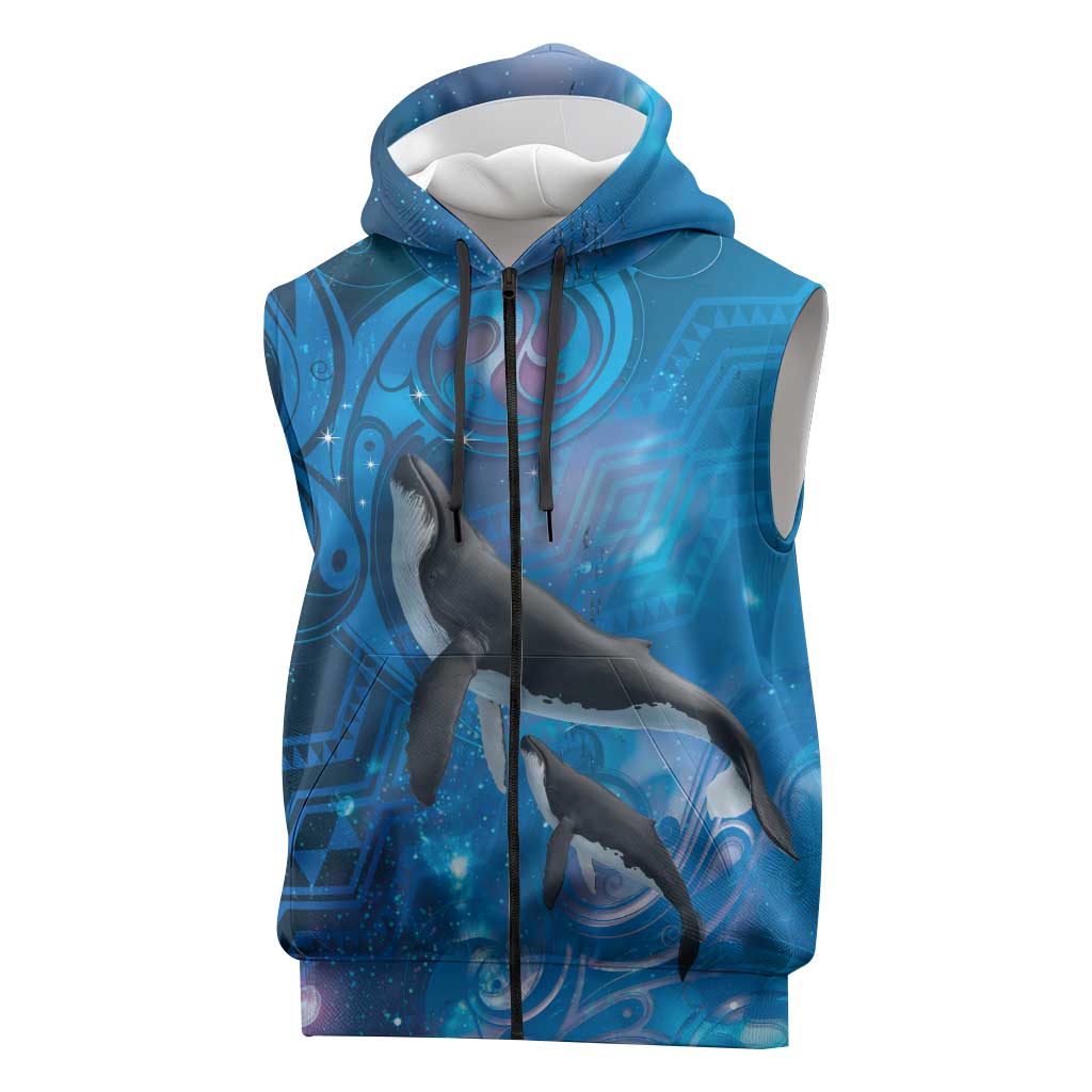 Paikea New Zealand Matariki Sleeveless Zip Hoodie Humpback Whale Taniko Motifs Ocean Vibes