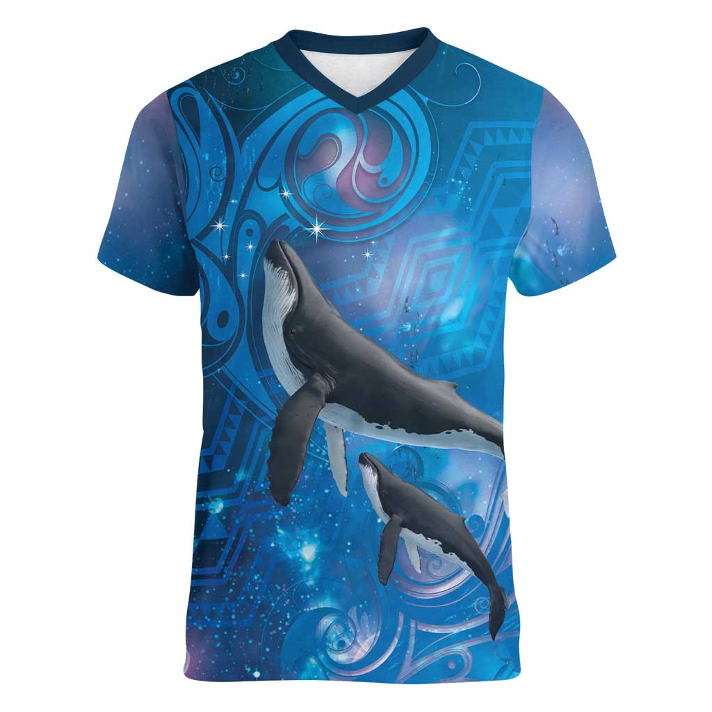 Paikea New Zealand Matariki Women V-Neck T-Shirt Humpback Whale Taniko Motifs Ocean Vibes