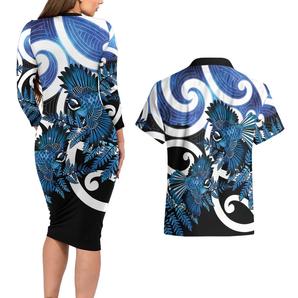 Piwakawaka New Zealand Matariki Couples Matching Long Sleeve Bodycon Dress and Hawaiian Shirt Maori New Year Silver Fern Blue Galaxy