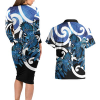 Piwakawaka New Zealand Matariki Couples Matching Long Sleeve Bodycon Dress and Hawaiian Shirt Maori New Year Silver Fern Blue Galaxy