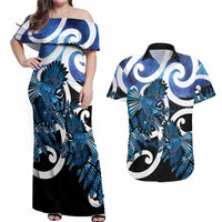 Piwakawaka New Zealand Matariki Couples Matching Off Shoulder Maxi Dress and Hawaiian Shirt Maori New Year Silver Fern Blue Galaxy