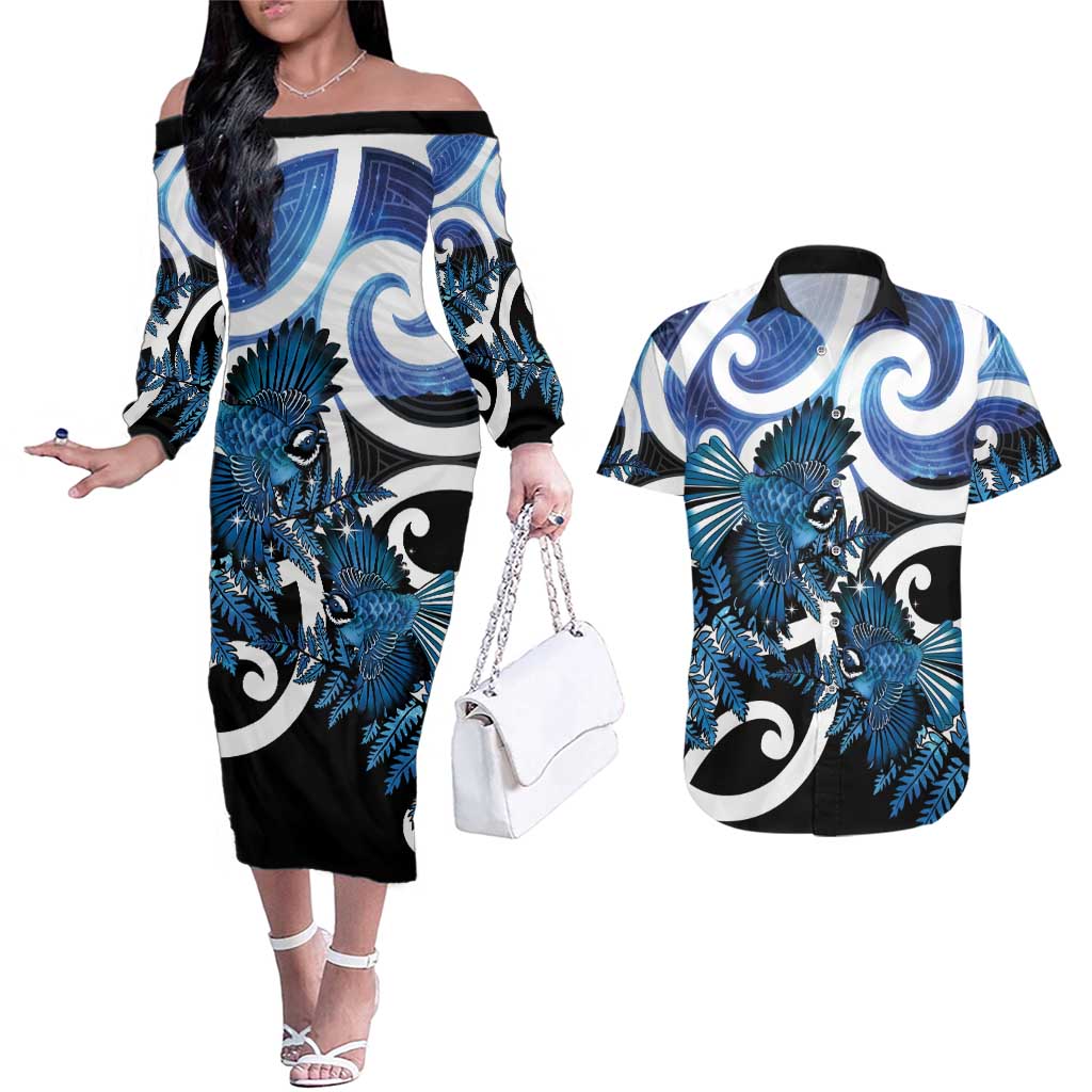 Piwakawaka New Zealand Matariki Couples Matching Off The Shoulder Long Sleeve Dress and Hawaiian Shirt Maori New Year Silver Fern Blue Galaxy LT14 Blue - Polynesian Pride