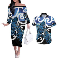 Piwakawaka New Zealand Matariki Couples Matching Off The Shoulder Long Sleeve Dress and Hawaiian Shirt Maori New Year Silver Fern Blue Galaxy LT14 Blue - Polynesian Pride