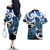 Piwakawaka New Zealand Matariki Couples Matching Off The Shoulder Long Sleeve Dress and Hawaiian Shirt Maori New Year Silver Fern Blue Galaxy LT14 - Polynesian Pride