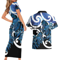 Piwakawaka New Zealand Matariki Couples Matching Short Sleeve Bodycon Dress and Hawaiian Shirt Maori New Year Silver Fern Blue Galaxy