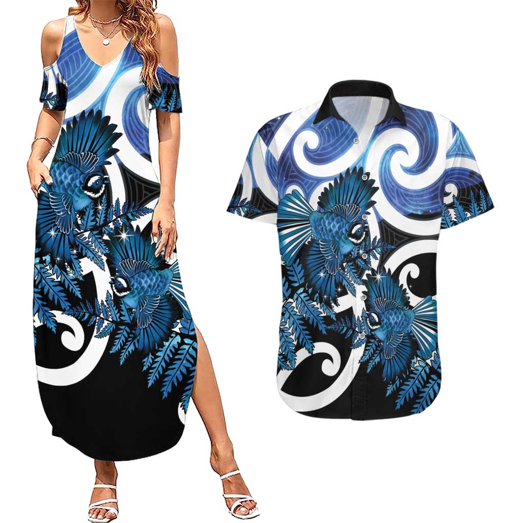 Piwakawaka New Zealand Matariki Couples Matching Summer Maxi Dress and Hawaiian Shirt Maori New Year Silver Fern Blue Galaxy