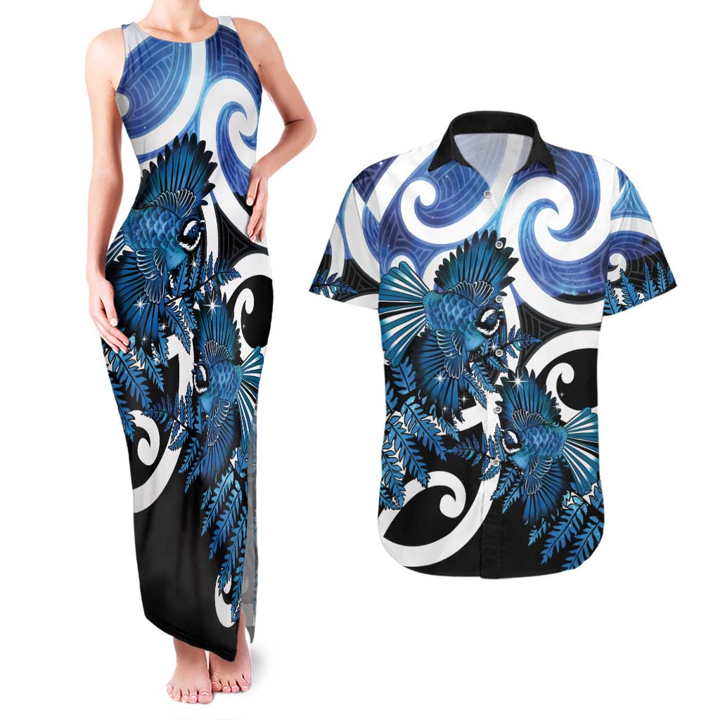 Piwakawaka New Zealand Matariki Couples Matching Tank Maxi Dress and Hawaiian Shirt Maori New Year Silver Fern Blue Galaxy