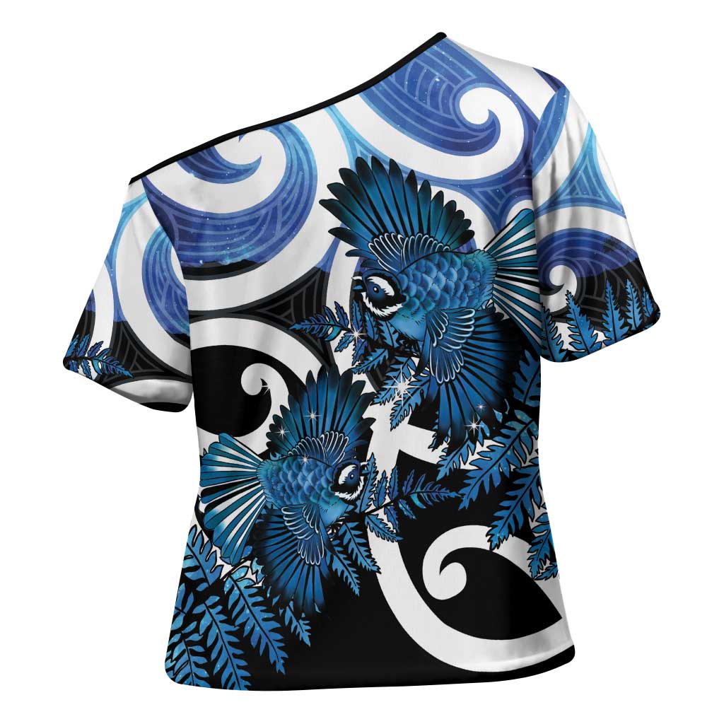Piwakawaka New Zealand Matariki Cross Shoulder Shirt Maori New Year Silver Fern Blue Galaxy