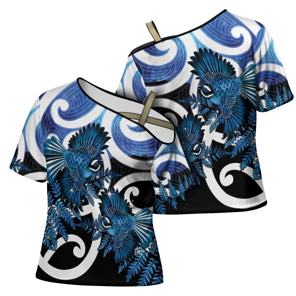 Piwakawaka New Zealand Matariki Cross Shoulder Shirt Maori New Year Silver Fern Blue Galaxy