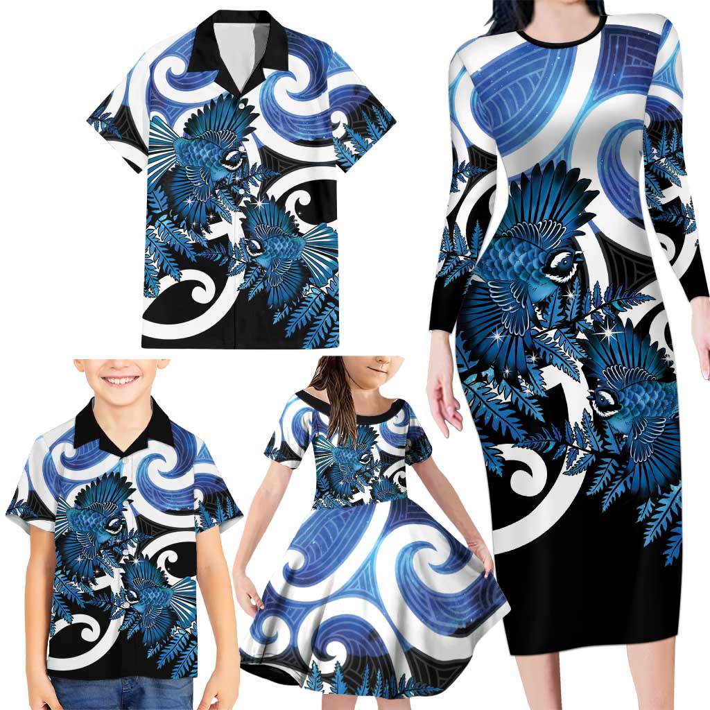 Piwakawaka New Zealand Matariki Family Matching Long Sleeve Bodycon Dress and Hawaiian Shirt Maori New Year Silver Fern Blue Galaxy