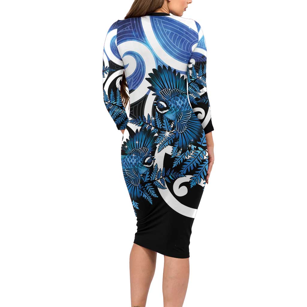 Piwakawaka New Zealand Matariki Family Matching Long Sleeve Bodycon Dress and Hawaiian Shirt Maori New Year Silver Fern Blue Galaxy